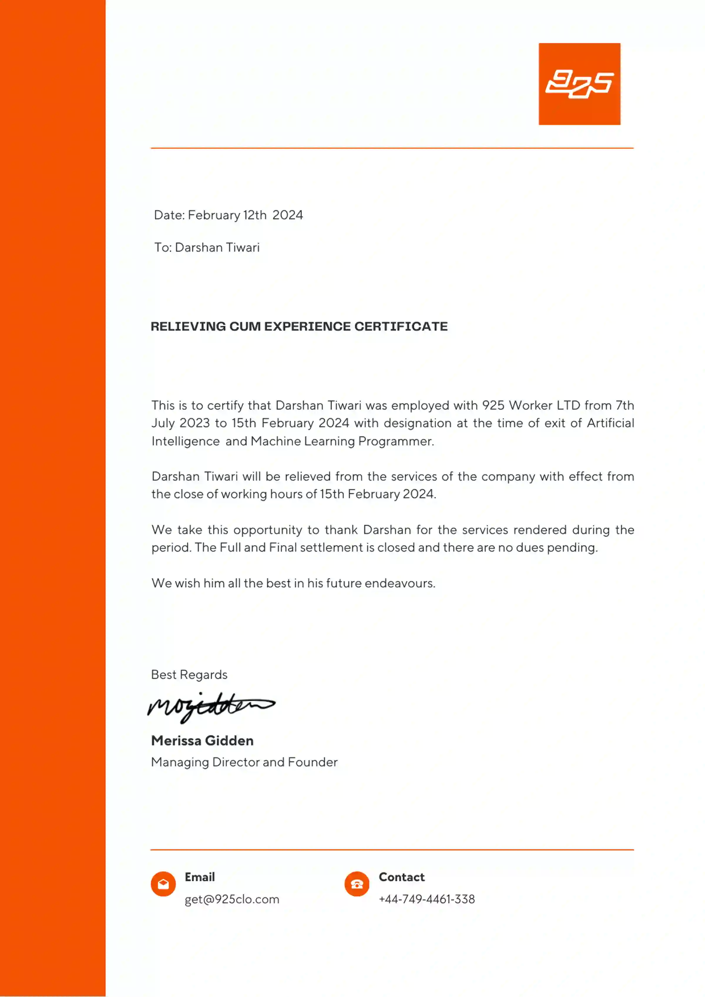 Page 1 of the 925 Worker LTD letter
