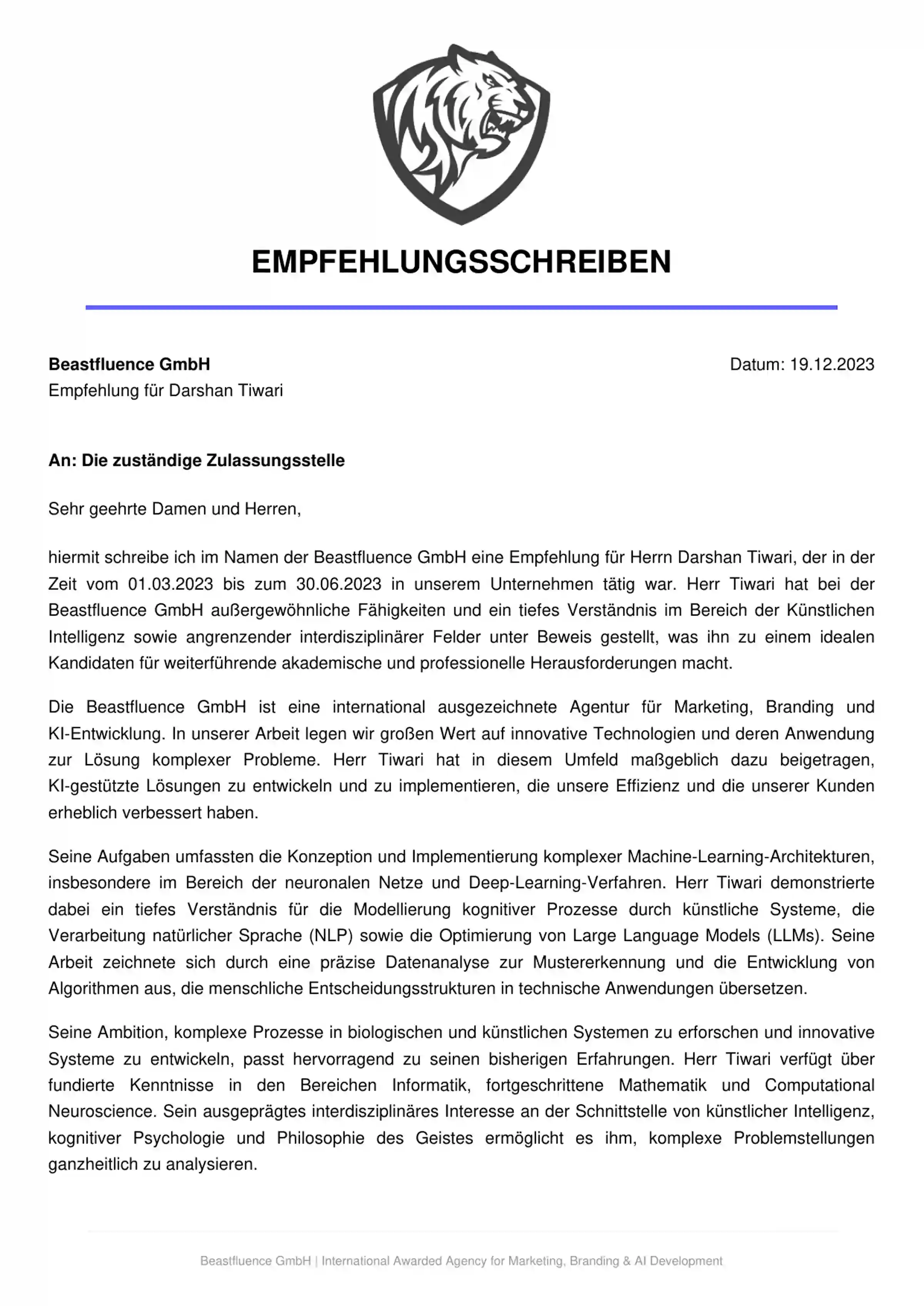 Page 1 of the Beastfluence GmbH letter