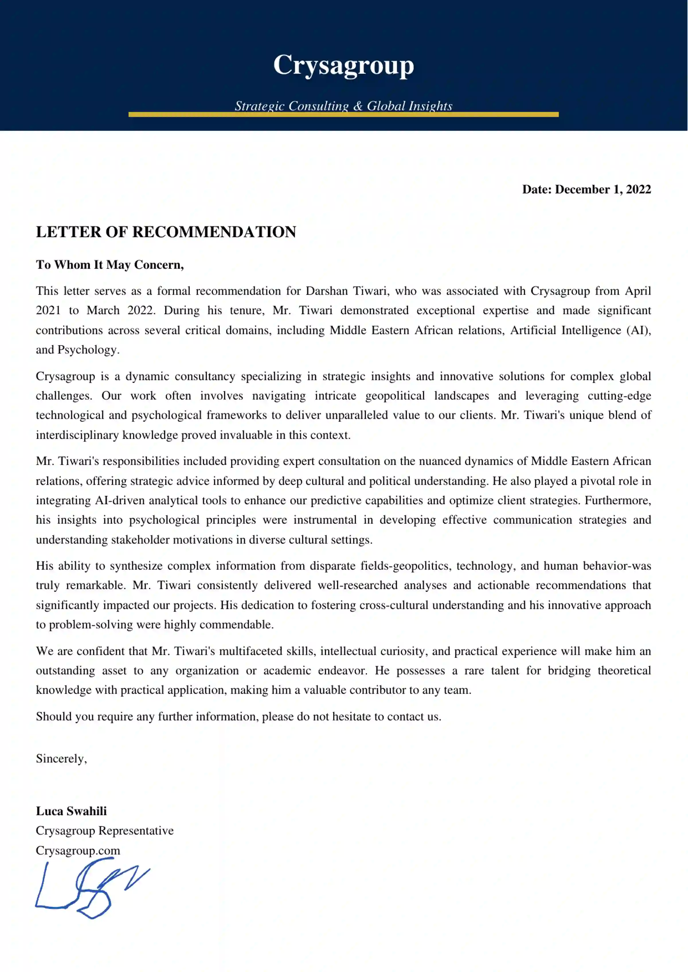 Page 1 of the Crysagroup letter