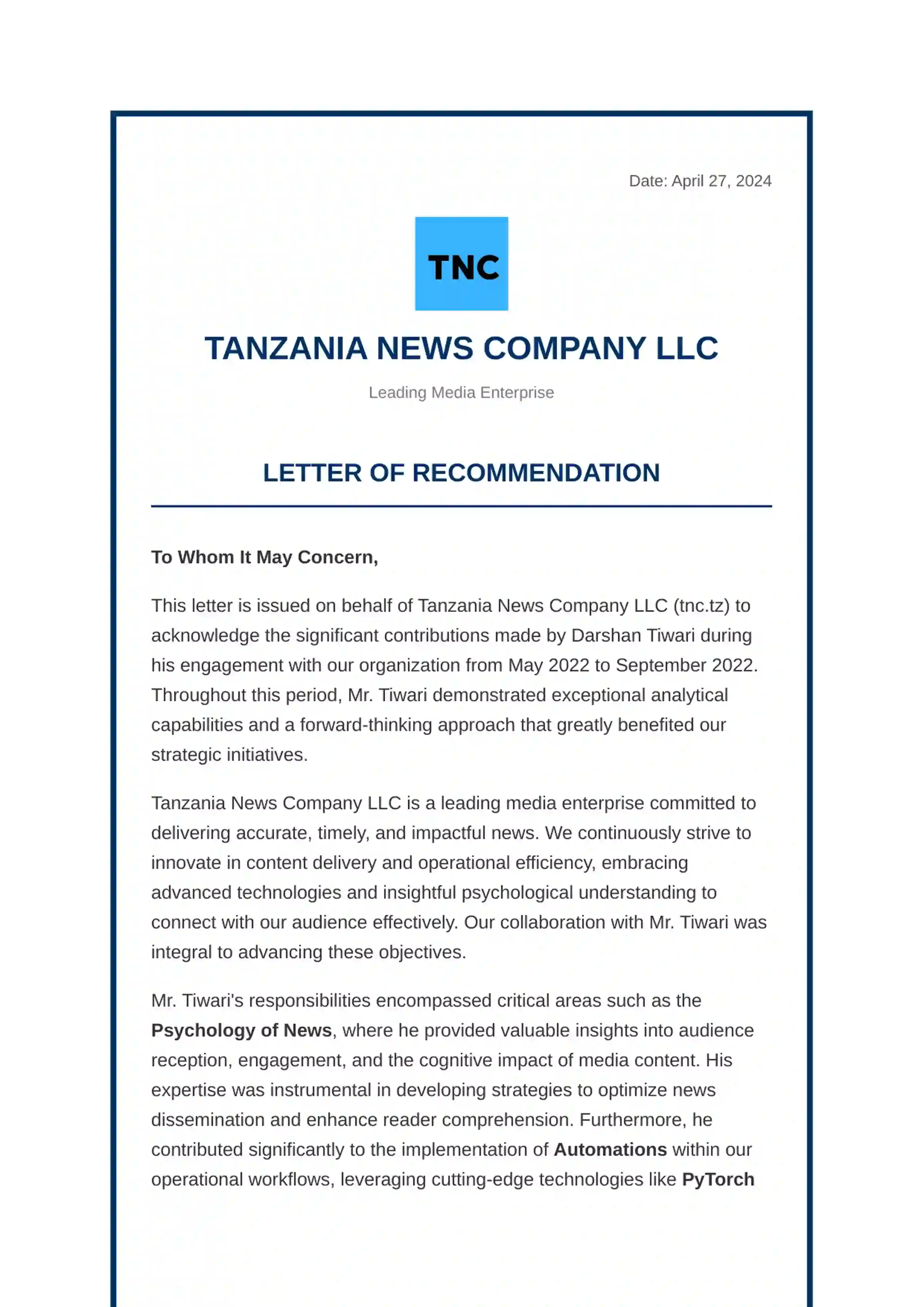 Page 1 of the Tanzania News Company LLC letter
