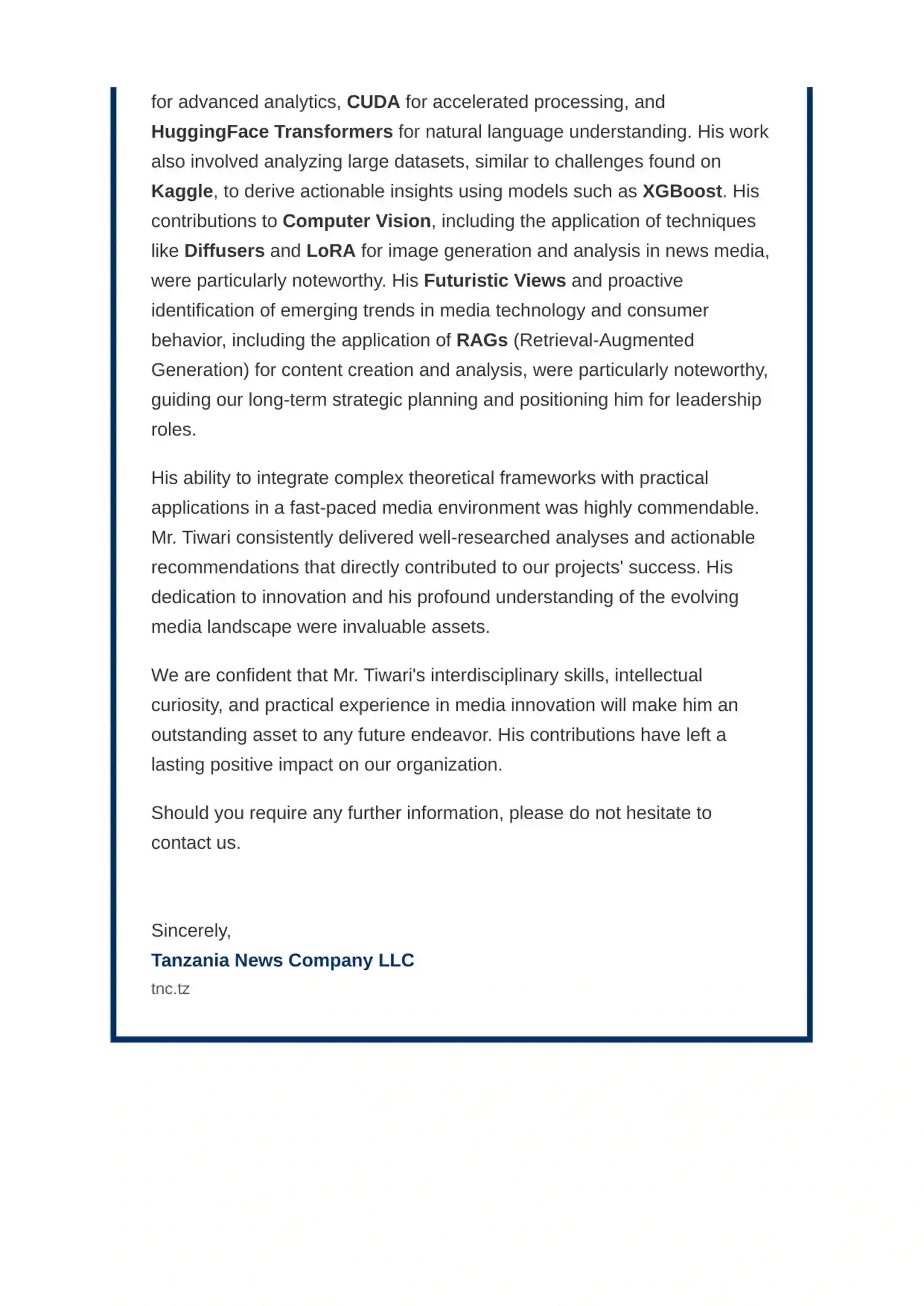 Page 2 of the Tanzania News Company LLC letter