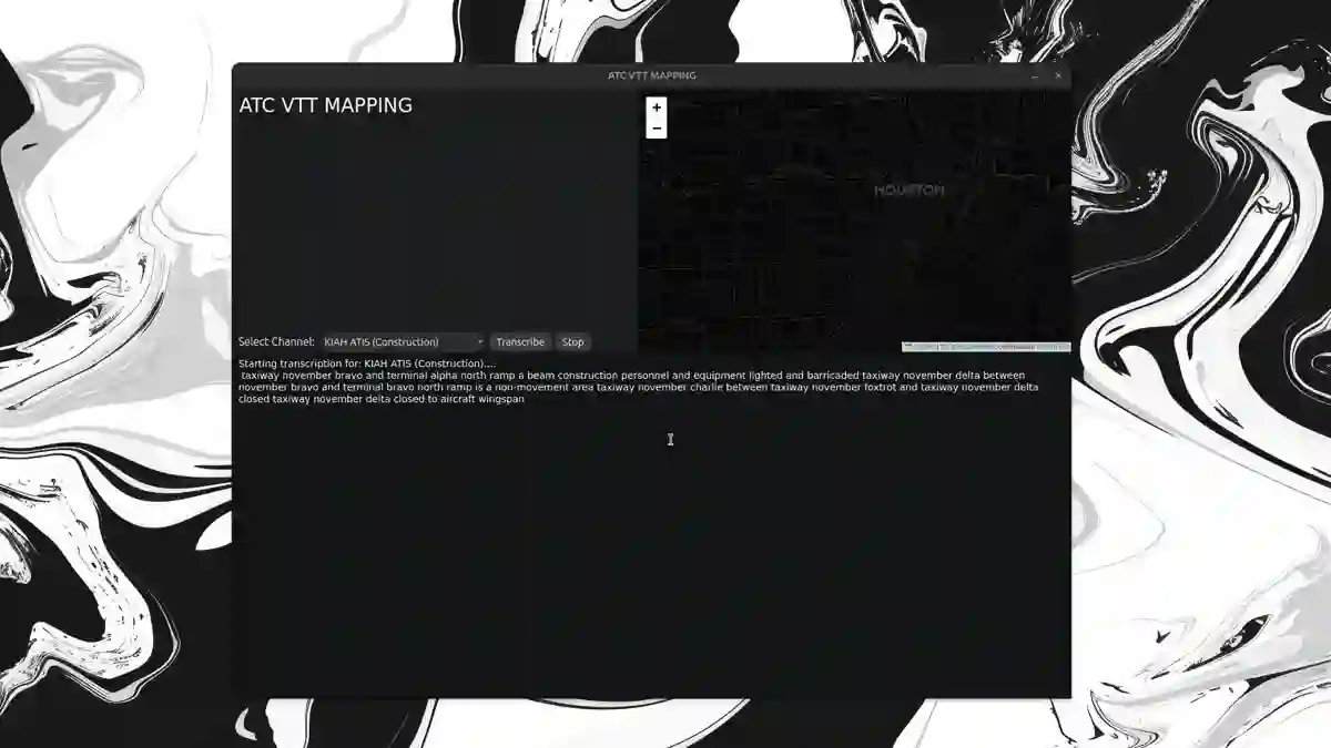 The ATC VTT Mapping window transcribing the KIAH ATIS channel: a channel selector with Transcribe and Stop controls, a Houston sector map, and live transcript text describing taxiway closures.