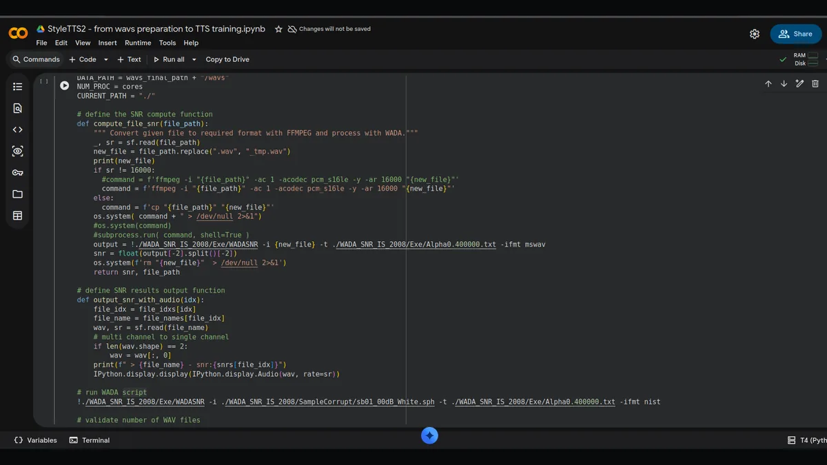 Corpus preparation in Colab — the WADA-SNR routine that converts each candidate clip to 16 kHz mono with FFmpeg, scores it for signal-to-noise, and prints the score beside an inline player so marginal files can be listened to before they are accepted.