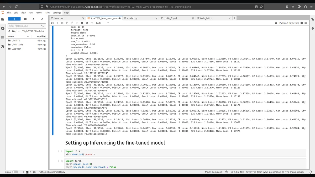 The fine-tune running in JupyterLab on a rented RunPod GPU, with the per-term loss breakdown and the optimiser hyperparameters above it. The style, diffusion and SLM adversarial terms read 0.00000 because they are scheduled to switch on at epochs 20 and 30, not from step zero.