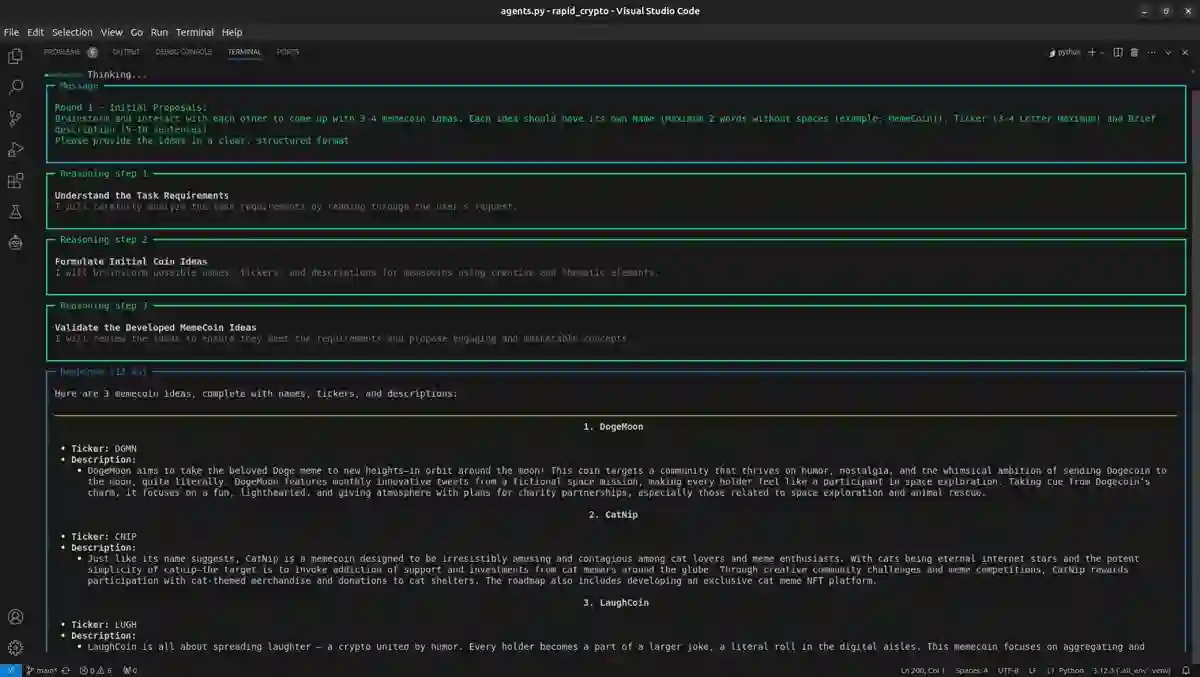 Earlier in the same run, with agents proposing candidate token concepts.