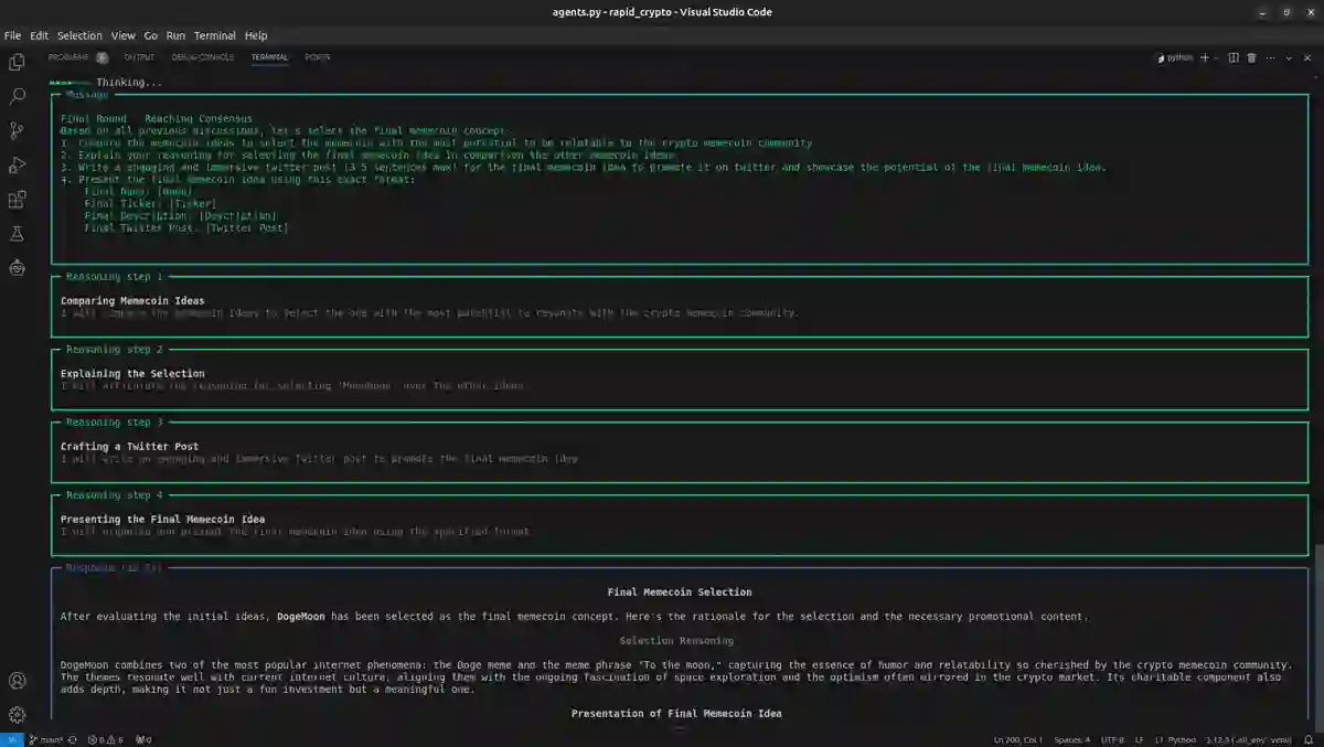 Consensus round in the terminal: the agent compares candidate concepts, explains its selection, drafts the launch post and restates the result in the required format.