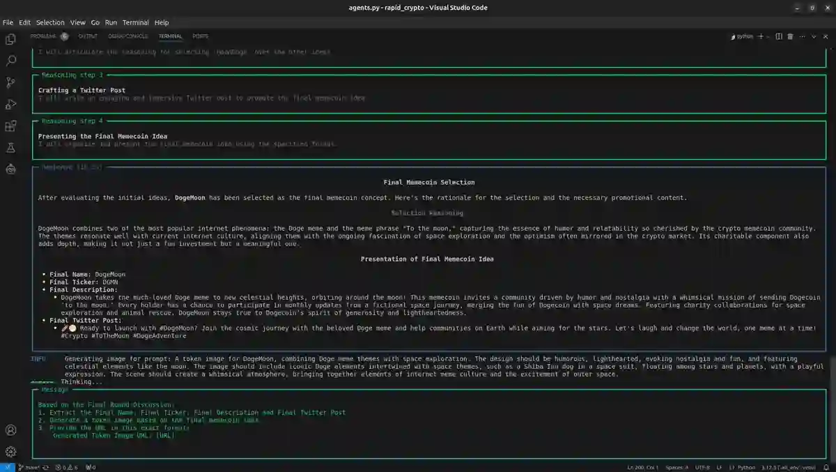 Reasoning steps streaming to the console as the agents work toward a decision.