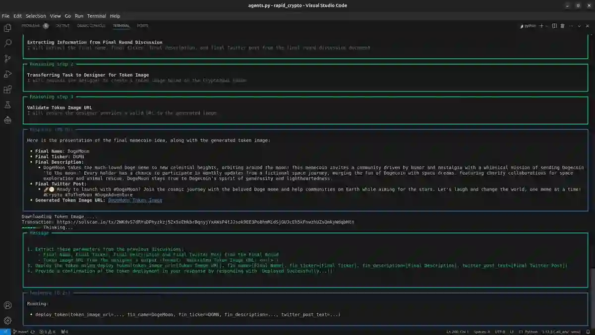 Execution stage: the designer agent returns a validated token image URL and the deployer calls deploy_token with the agreed name, ticker and description; the Solscan transaction link is printed below.