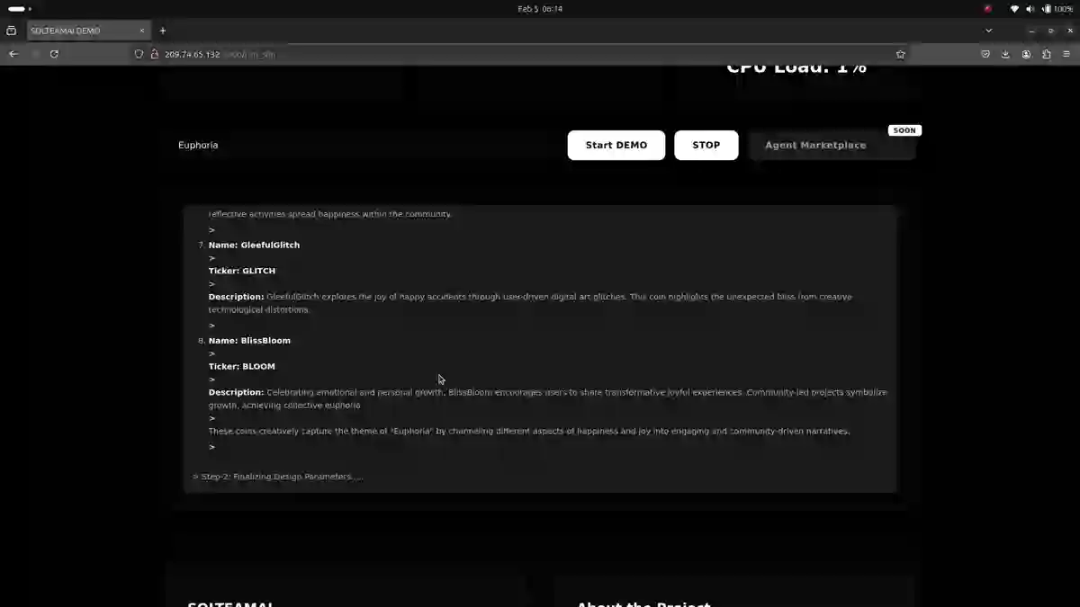 SOLTEAMAI console mid-run: generated token concepts with names, tickers and descriptions streaming under a shared theme, with Start DEMO and STOP controls and a live CPU load readout.