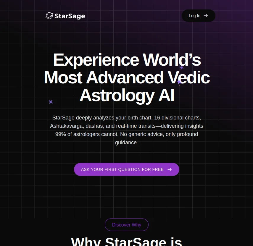 StarSage — the live product at starsage.co, showing the conversational astrology interface.